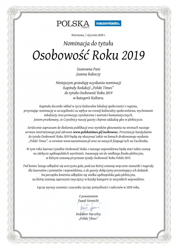 Nominacja do tytułu Osobowość Roku 2019